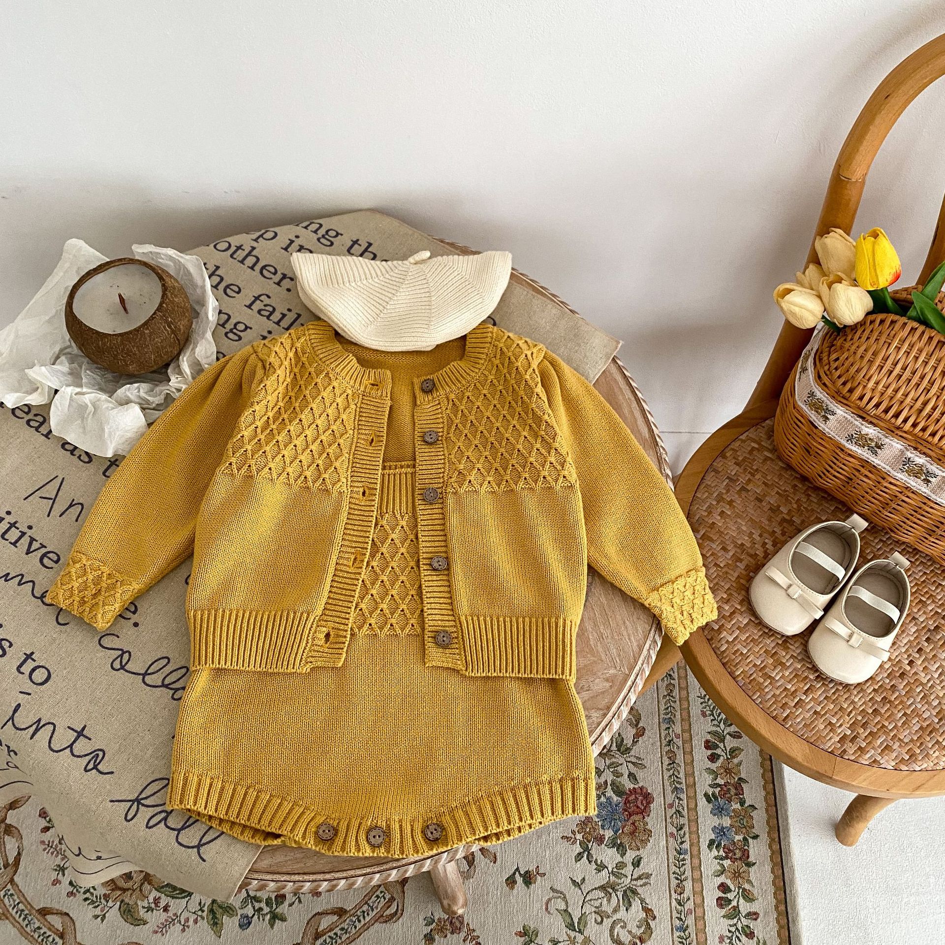 Proljetna 2024. žuta pletena jakna za dojenčad i djevojčice + jednobojni kaput na naramenice, set od 2 dijela dostupan za sortiranje_voghion.com