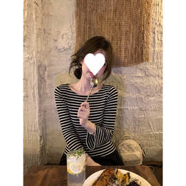批发【32支纯棉拉架条纹】小喇叭中袖船领显瘦百搭通勤设计感上衣