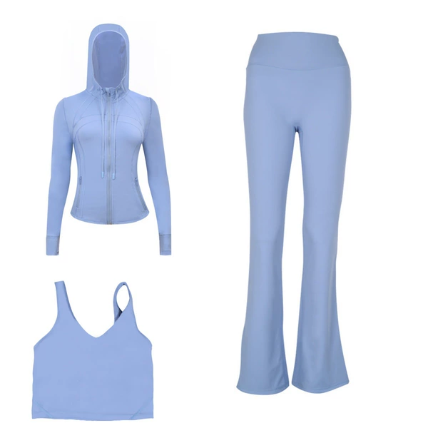 Jacket with hood, vest, flared trousers