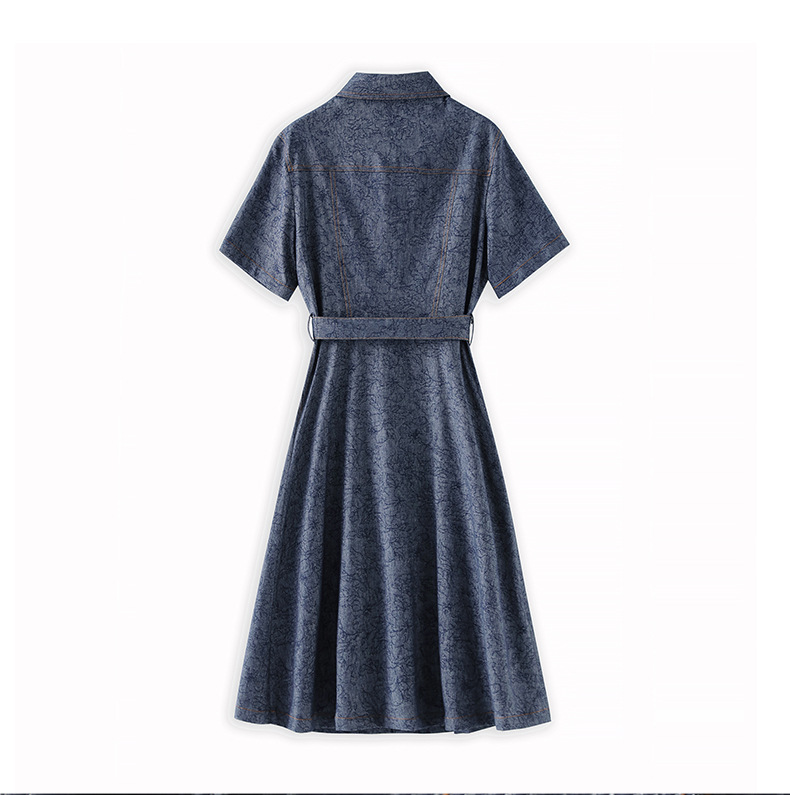 Váy liền denim jacquard cổ điển dáng dài vừa thắt eo tôn dáng — Màu xanh đậm chi tiết 11
