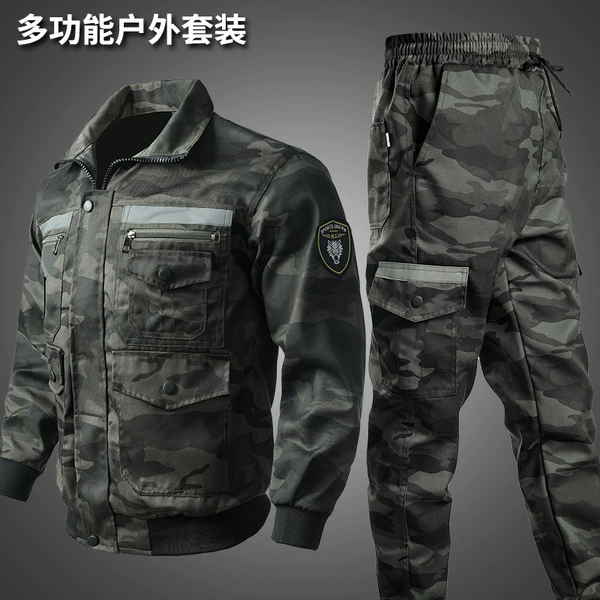 Gray floral multi-pocket suit with reflective strips