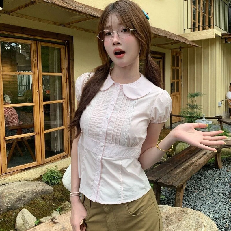 Korean-Style Pink Doll Collar Waist-Cinching Short-Sleeve Shirt Women's Top Summer Design Youthful Lace-Trimmed Blouse Korean-Style Pink Doll Collar Waist-Cinching Short-Sleeve Shirt Women's Top Summer Design Youthful Lace-Trimmed Blouse