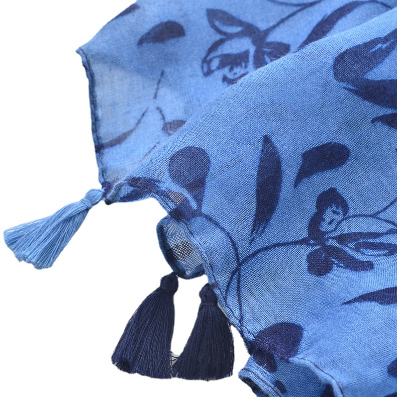 Yunnan Lijiang viajes retro estilo étnico azul marino bufanda verano Delgado aire acondicionado protector solar chal hecho a mano borla bufanda
