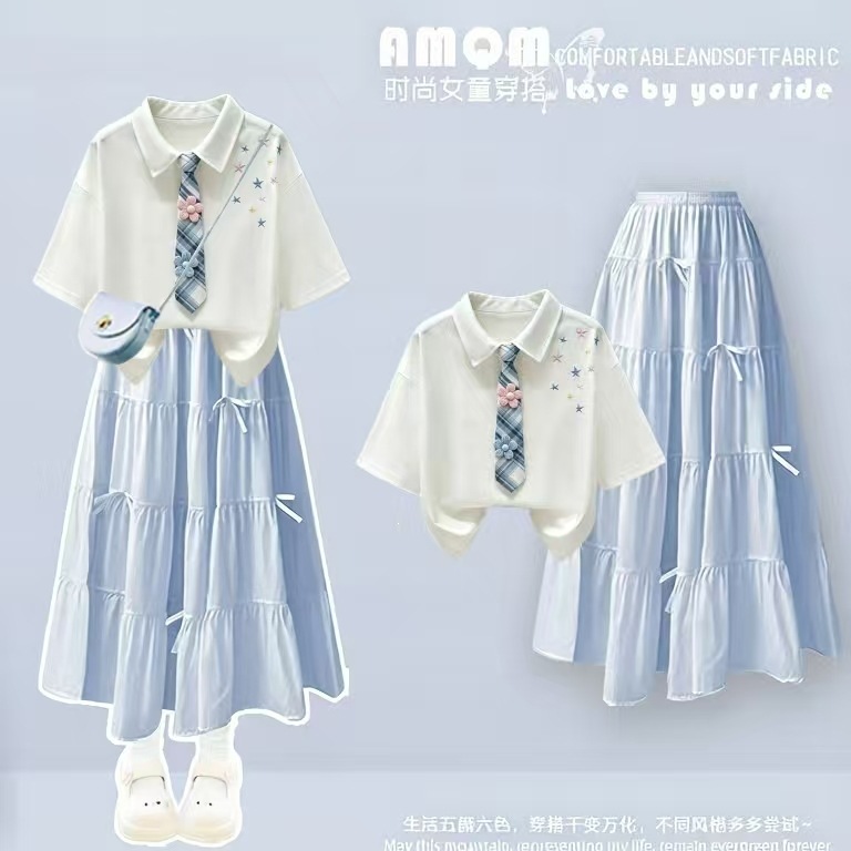 100% Cotton Polo Shirt, 2026 New Summer Children's Dopamine Dress, High-End Elementary School Girl Set