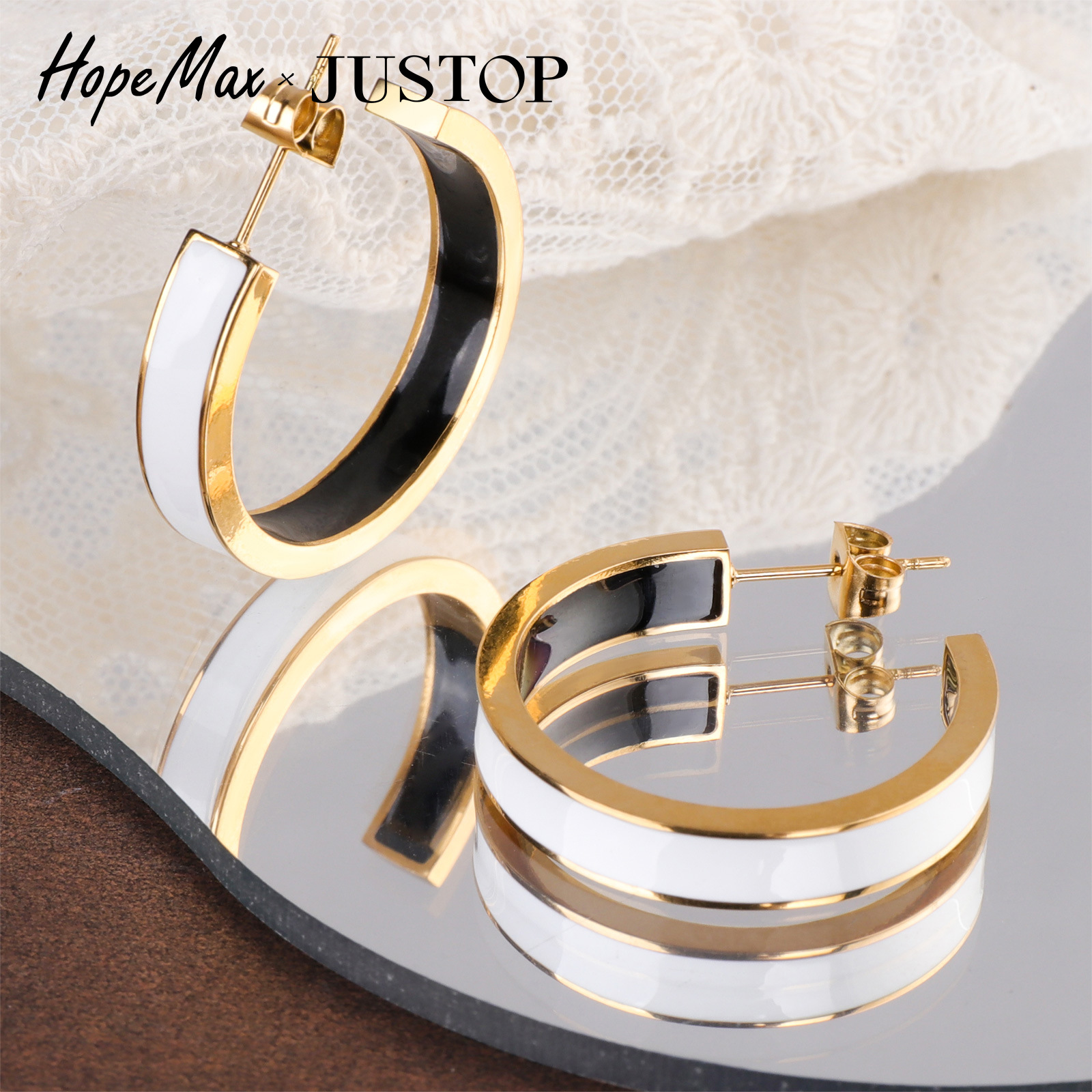 Fashionable golden black earrings stainless steel