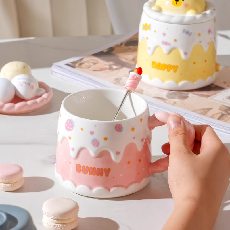 かわいいケーキキャンドルカップ蓋付きスプーン付きアニメ動物造形マグカップ家庭用朝食陶磁器牛乳カップ|undefined