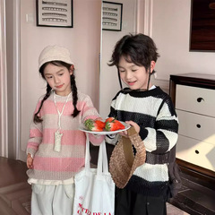 2024 Autumn New Children Striped Sweater Korean Style Boys Fashion Hooded Knit Top Versatile Girls Top Trendy