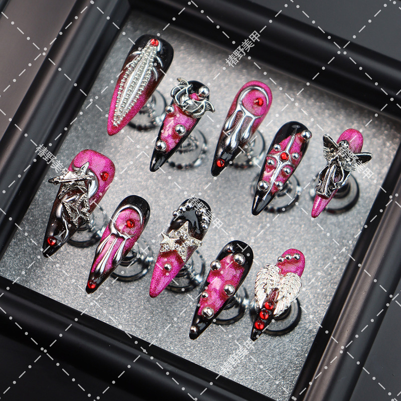 Y2K Sweet Cool Hot Girl Punk Wearable Nails Black and Pink Cat Eye Metal Rivet Wings Detachable Nail Stickers Y2K Sweet Cool Hot Girl Punk Wearable Nails Black and Pink Cat Eye Metal Rivet Wings Detachable Nail Stickers