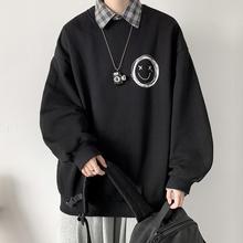 圆领卫衣男潮牌春秋季新款港风套头长袖薄款外套黑色宽松情侣衣服