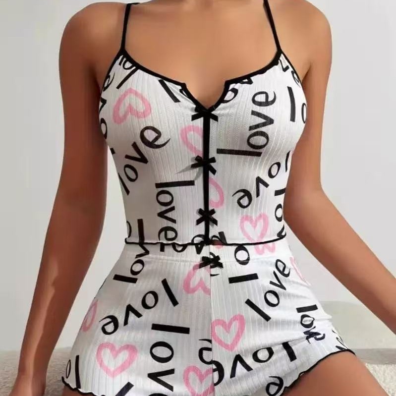 Bow-Knot Home Wear Ribbed Suit Suspender Shorts Pure Lust Style Pajamas for Women Summer