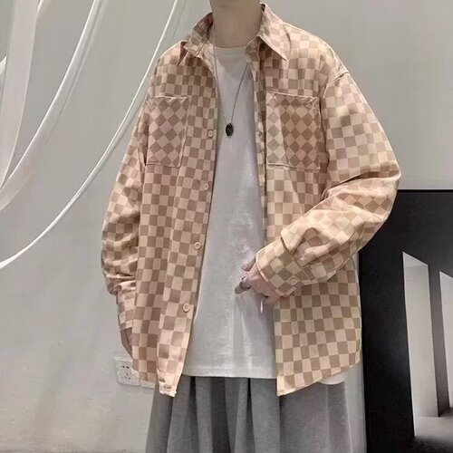 Men's Long-Sleeve Casual Button-Down Shirt with Chessboard Pattern for 2024 Spring, Offering a High-End Style - Youthful Solid Color Top for Layering Over a Blouse or Jacket
