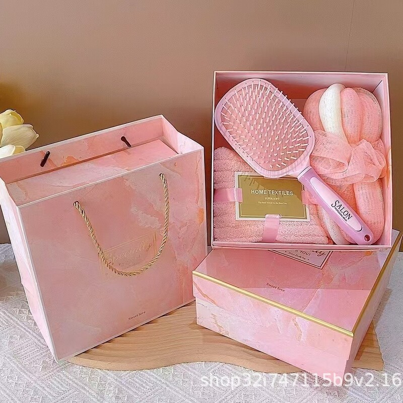 Pink Souvenir Set, Massage Comb + Towel + Bath Flower Bath Set, Souvenir Event Gift for Customers