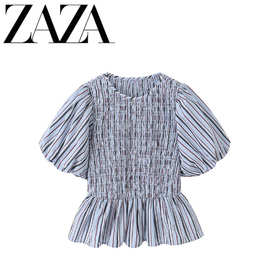ZAZA 自制欧美风 批发女装 时尚百搭气质条纹蜂巢格上衣1821021