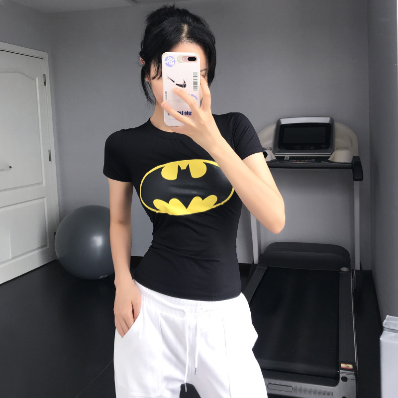Bat Superman tights women Captain America sports workout clothes yoga training stretch tight short sleeve women's T-shirt