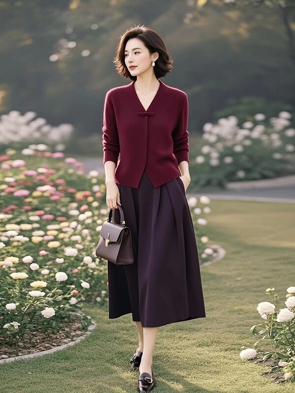 独特漂亮小个子国风减龄酒红色针织衫半身裙子2025年新款女装套装|undefined