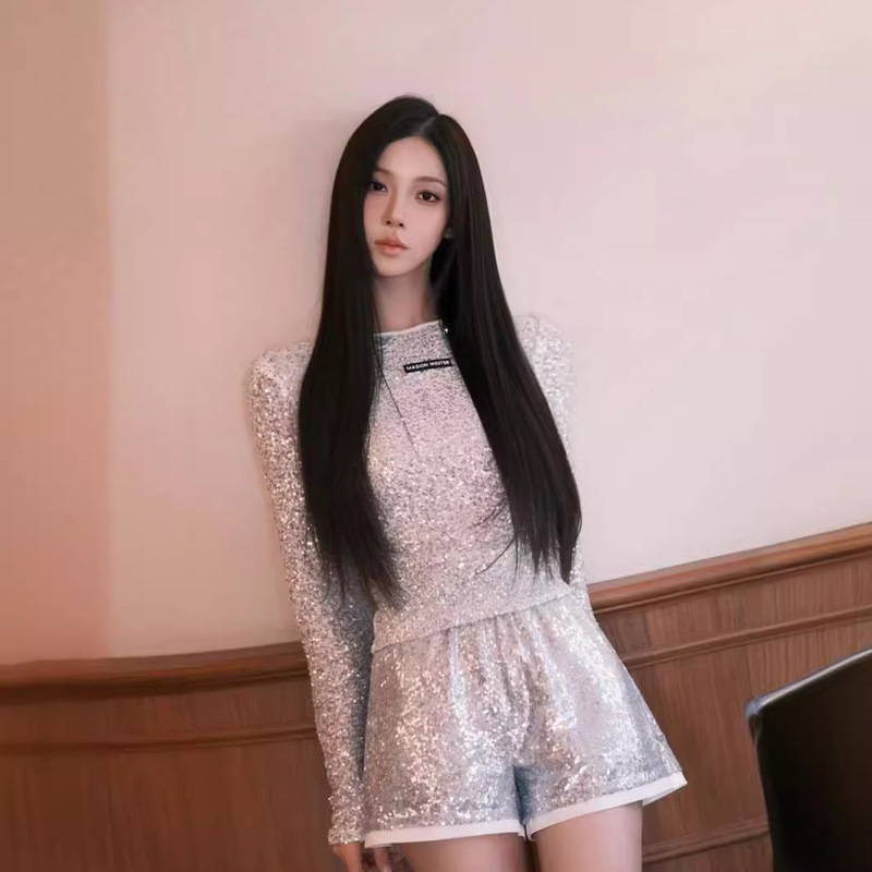 Designer Niche Women's Clothing, Non-Contrasting Heavy Sequined Round Neck T-Shirt, Sexy A-Line Shorts, Summer Cool Suit