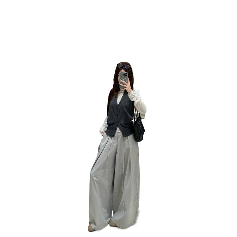 韩系叠穿挂脖针织背心马甲+白色针织衫+灰色系带阔腿裤套装女|undefined