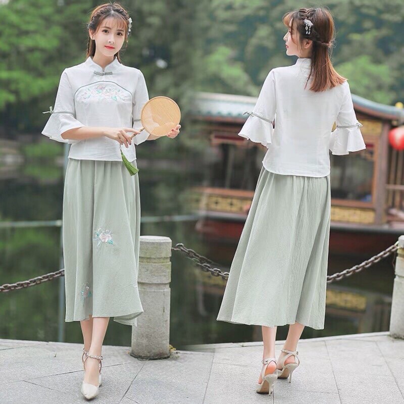 Set of Republic of China Style Hanfu, New Summer Style, Republic of China Style Mid-Sleeve Hanfu Embroidered Set, Artistic Retro Clothing Wholesale