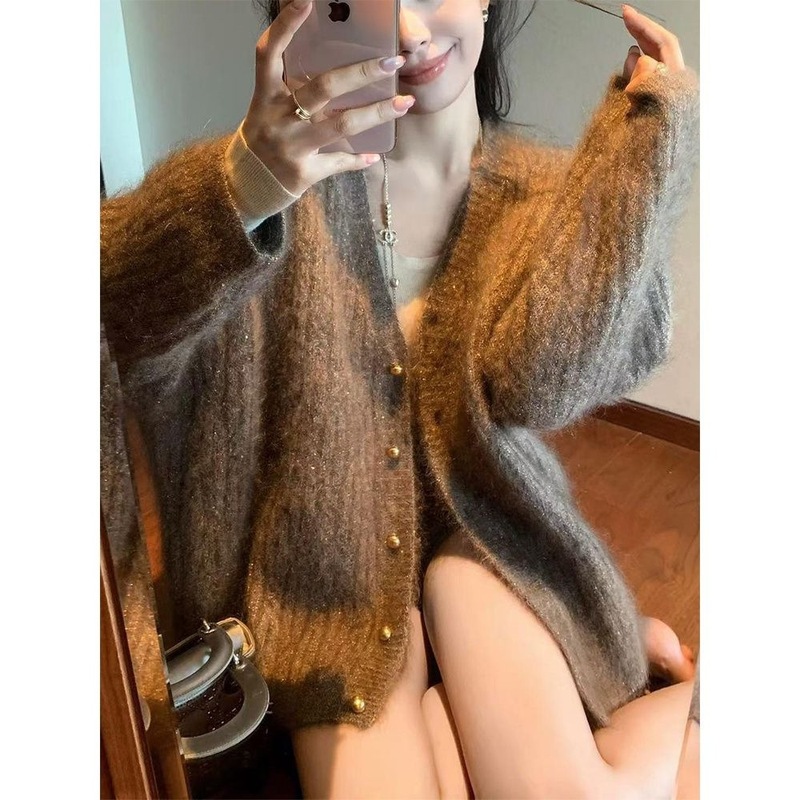 慵懒风女冬季设计针织新款女上衣金丝套头氛围感百搭毛衣开衫外套|undefined