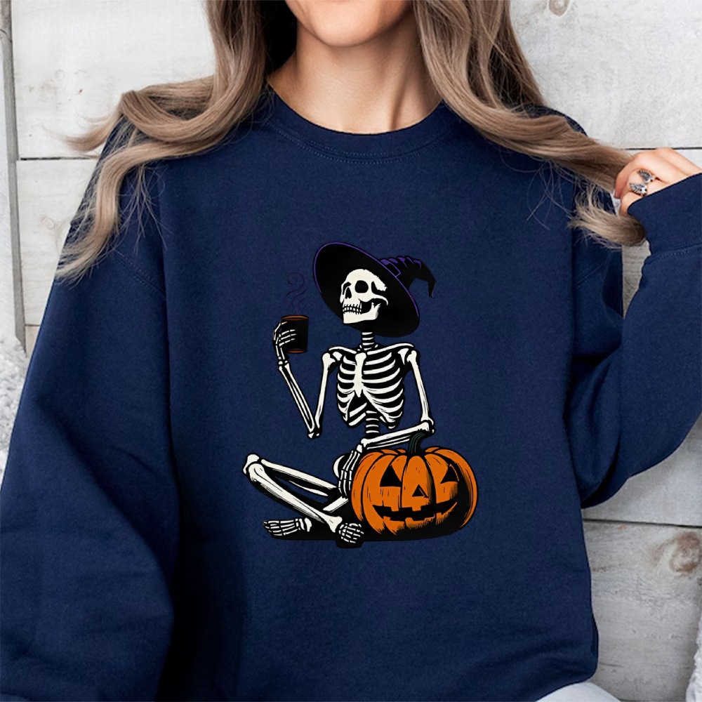 Skeleton Pumpkin Halloween Long Sleeve Top Retro Fall Coffee