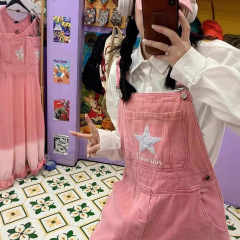 ドーパミンウェアピンクデニムオーバーオール女性の夏のレトロな年齢軽減五芒星刺繍ルーズワイドレッグパンツトレンディ