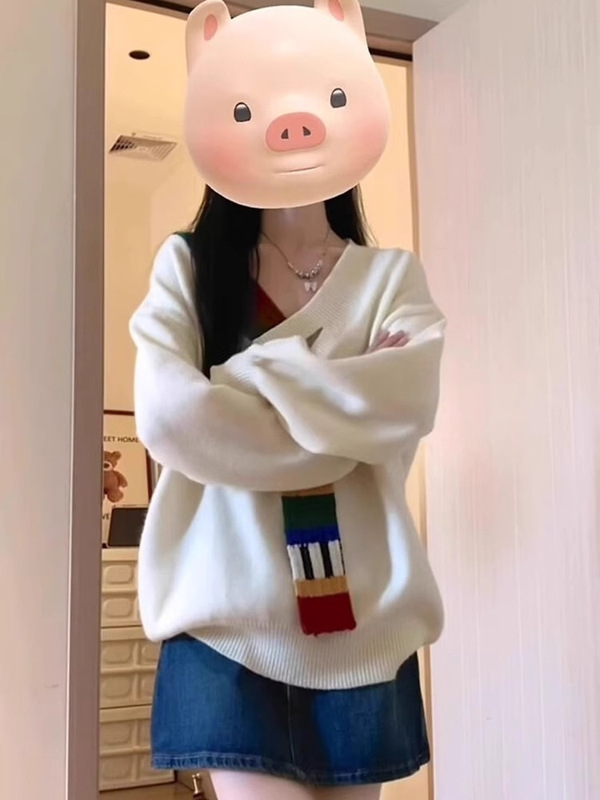 美式复古彩虹毛织拼接v领针织衫外套秋宽松学院风高级感女毛衣冬|undefined