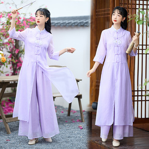 Traditional Chinese ancient purple hanfu retro qipao dress tops for women girls chinese blouses skrits retro embroidery outfit hanfu zen tea tang suit for female