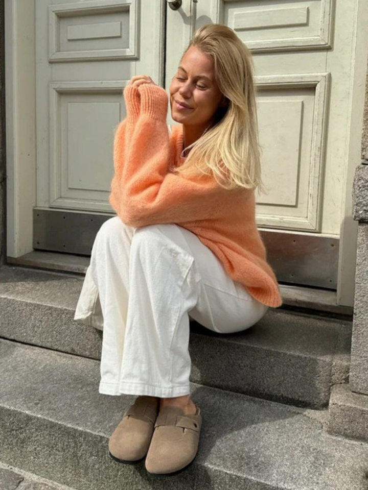 Áo cardigan len dệt kim dáng mỏng nhẹ cài nút một hàng, tay dài cổ tròn nữ — hoa hồng đỏ, màu be, màu cam, màu hoa cà chi tiết 77