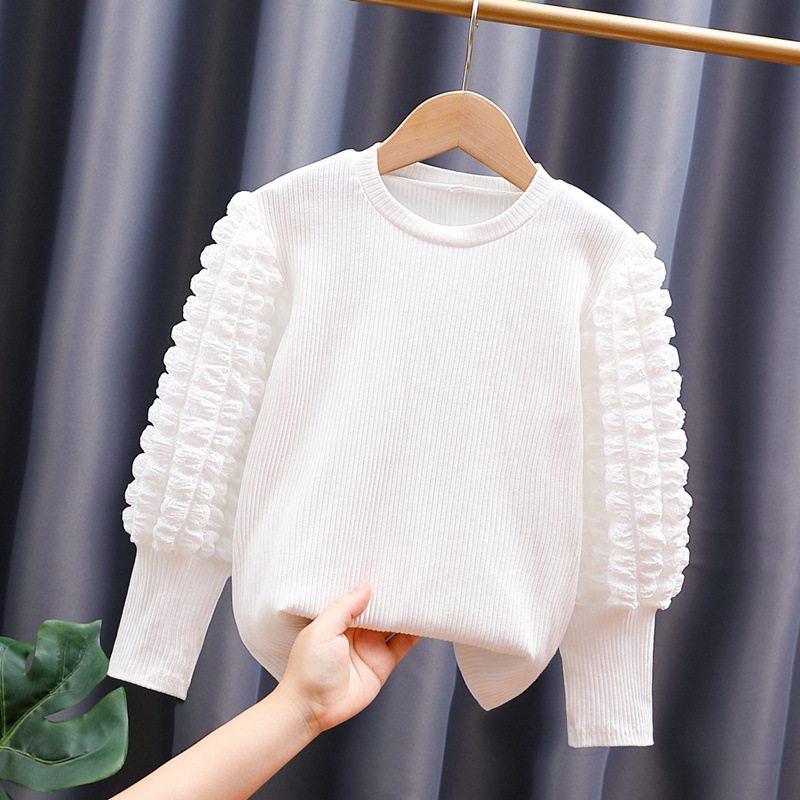 Girls' Spring and Autumn Pure Cotton Long-Sleeved Children's Cotton Inner Layer T-Shirt Lantern Puff Sleeve Base Shirt White 7