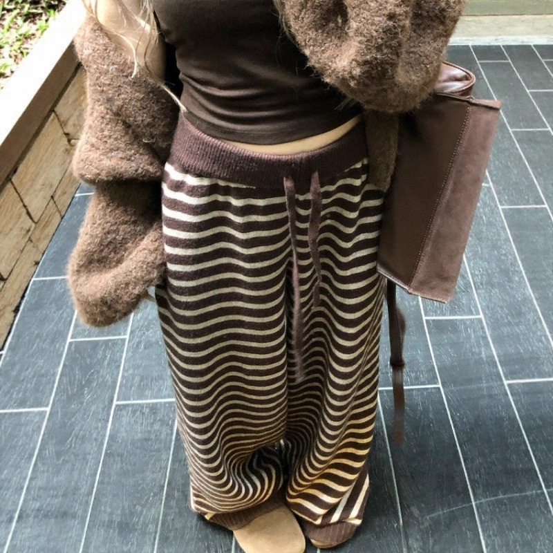 Korean Style Relaxed and Lazy Style Striped Knitted Casual Pants for Women in Autumn and Winter Low-Waist Slimming Straight Pants