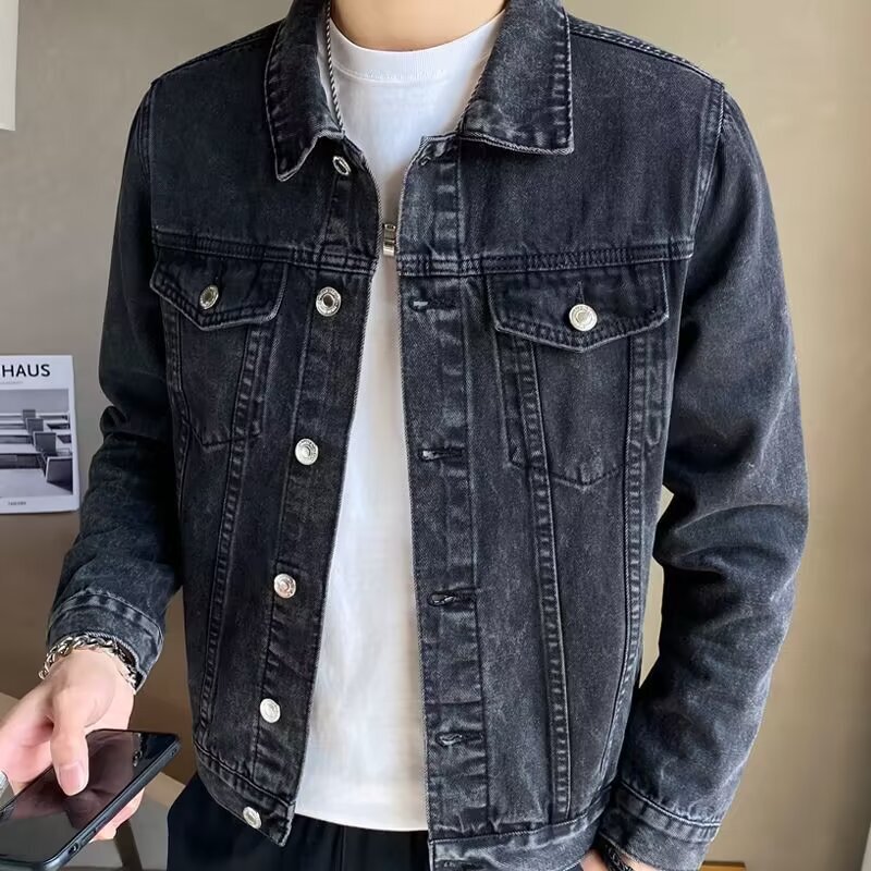 Spring and Autumn Style Hong Kong-Style Denim Jacket for Men, Loose and Cool, with Patchwork Design, Korean Version, Trendy Casual Outerwear Spring and Autumn Style Hong Kong-Style Denim Jacket for Men, Loose and Cool, with Patchwork Design, Korean Version, Trendy Casual Outerwear