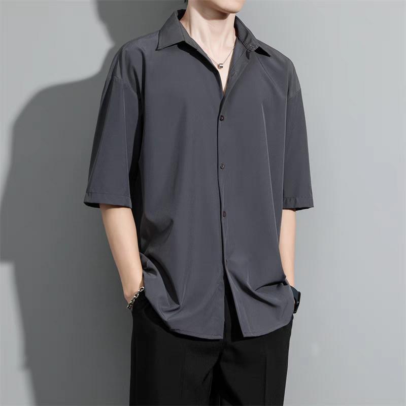 [Fast Shipping] Summer Ice Silk Trendy Solid Color Short-Sleeve Shirt for Men, INS Style, Loose Fit, Casual