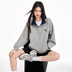 美式复古撞色polo领拉链长袖卫衣女秋季小众设计感宽松慵懒风上衣