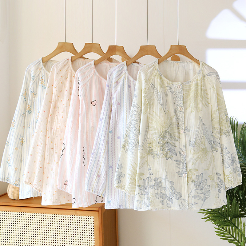 Breastfeeding Top with Chest Pad Pure Cotton Gauze One-Piece Monthly Clothing Pregnant Women's Postpartum Feeding Pajamas Can be Wearing Loose