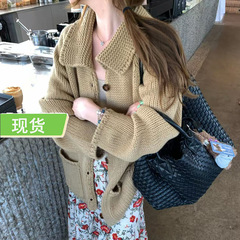 向 重磅~羊毛混纺针织中长款粗针大翻领毛衣外套+刺绣花朵半裙