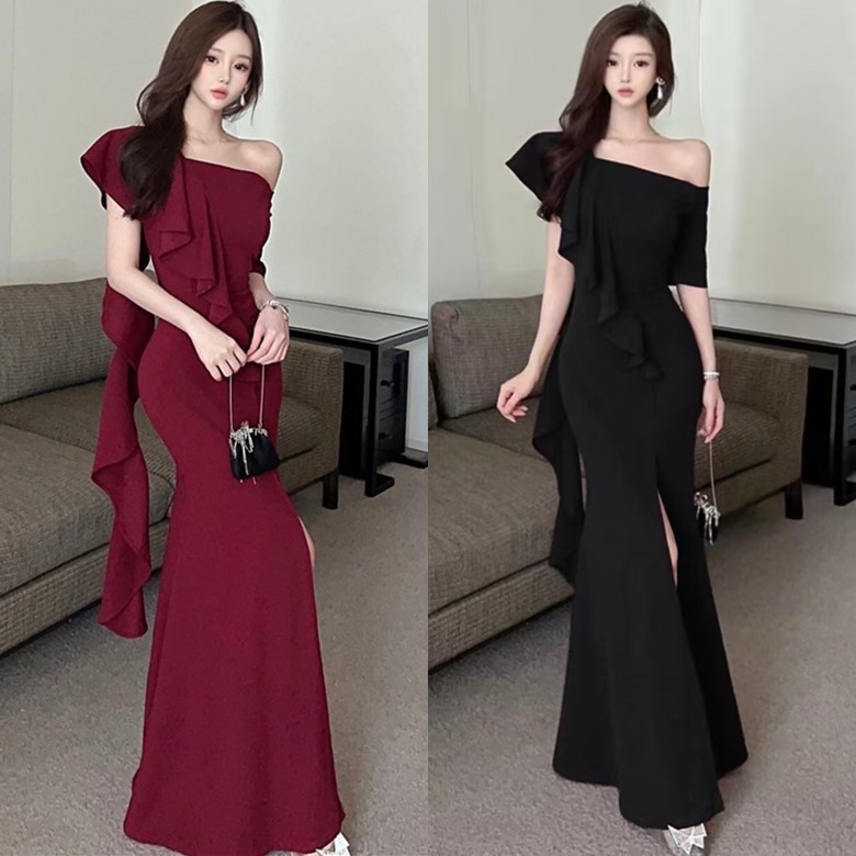5348 Black Evening Dress Women's Elegant High-end Light Luxury Niche dress Birthday Slimming Long Dress Annual Meeting Long Dress