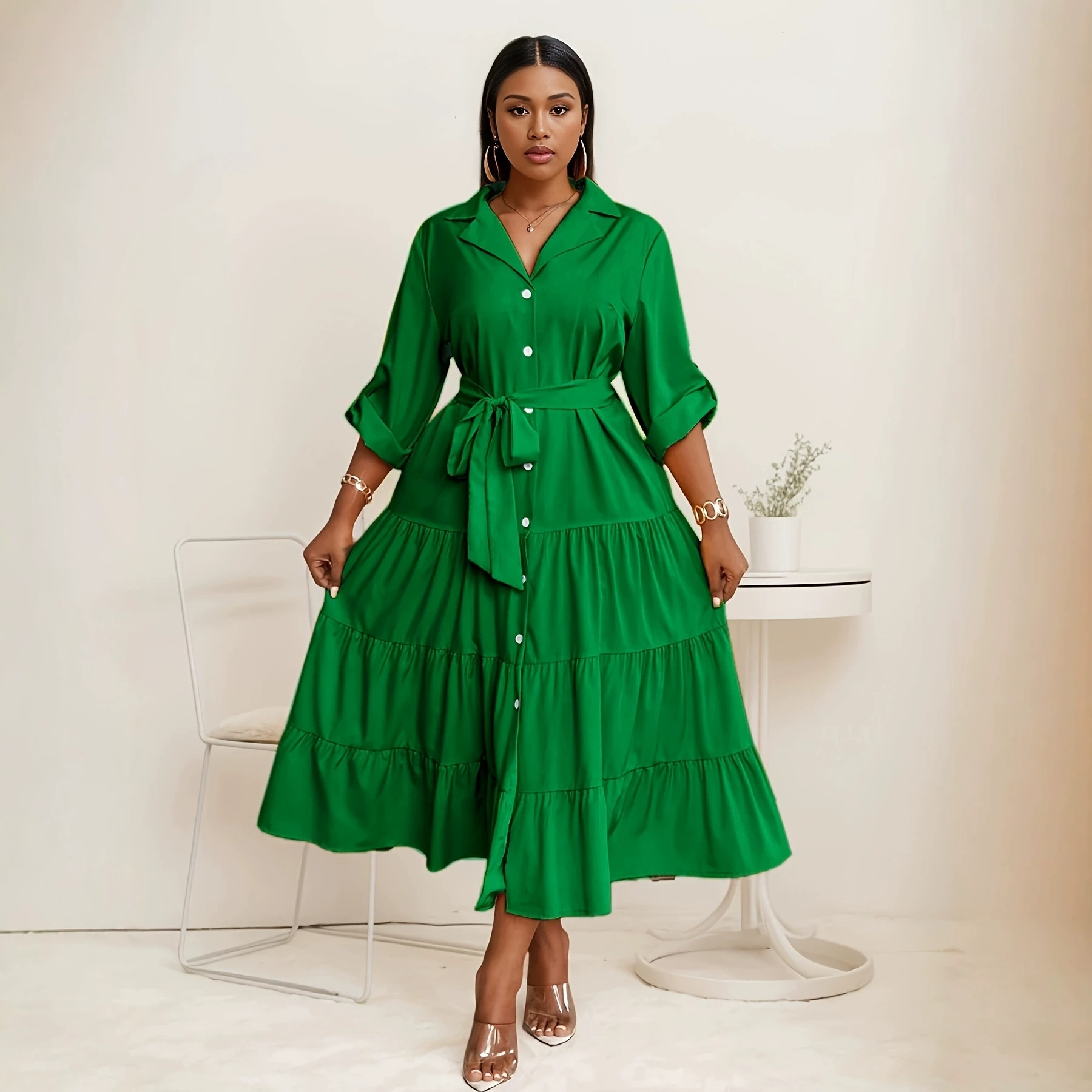 Cross-border foreign trade European and American plus-size 2026 autumn new elegant POLO collar solid color tie-waist mid-length dress