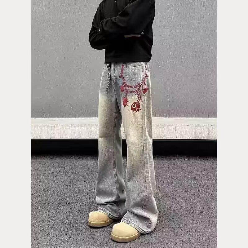 Men's Distressed Washed Yellow Mud Jeans – High-Street Straight Leg Bootcut Denim With Embroidery (S-3XL)_voghion.com