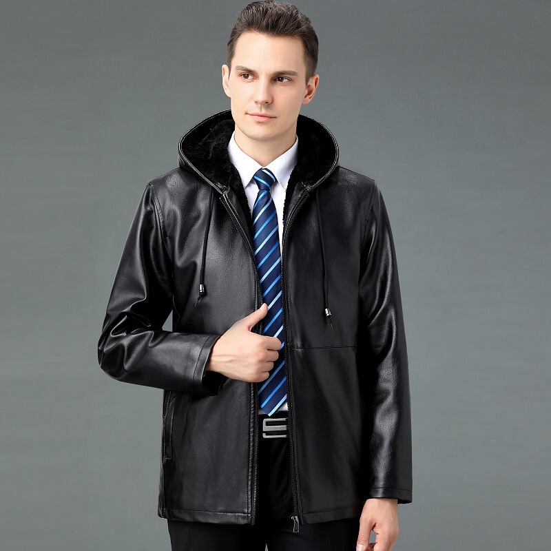 Winter New Men's Leather Jacket Middle-Aged Men's Casual Goatskin Hooded Lamb Fur All-In-One Leather Jacket