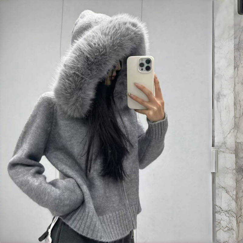 Kaning Imitation Fox Fur Large Fur Collar Knitted Cardigan 2026 Autumn and Winter New Style Hooded Double Zipper Short Jacket for Women