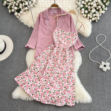 法式茶歇裙初恋小清新露背无袖收腰碎花吊带连衣裙两件套西装外套