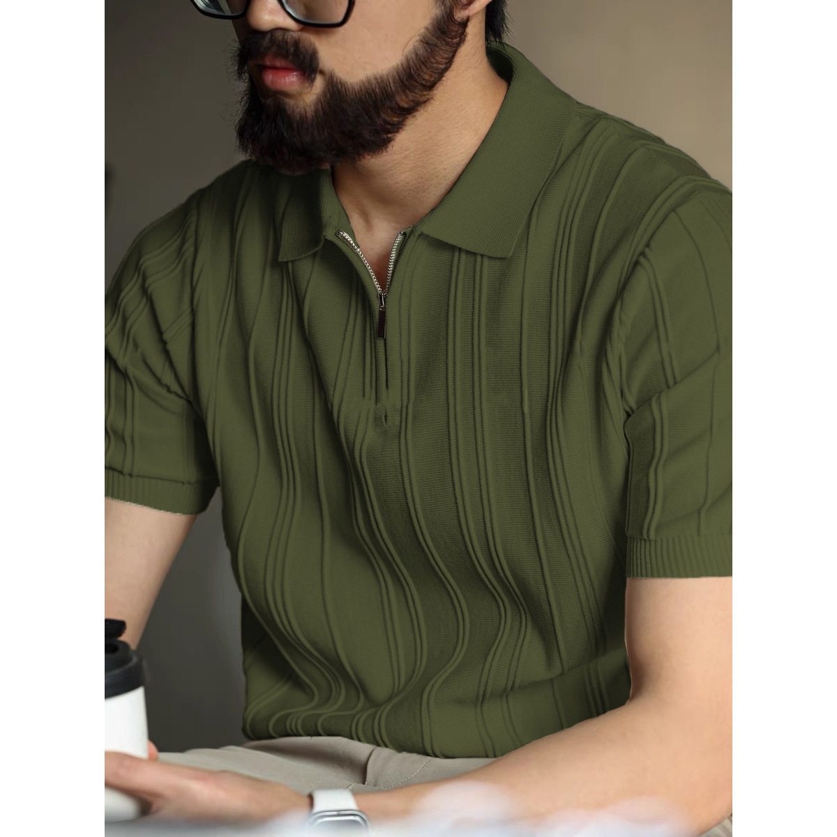 Polo camiseta de punto camiseta de manga corta hombre solapa media cremallera rayas viejas camisetas de hielo de viento de verano fábrica transfronteriza al por mayor