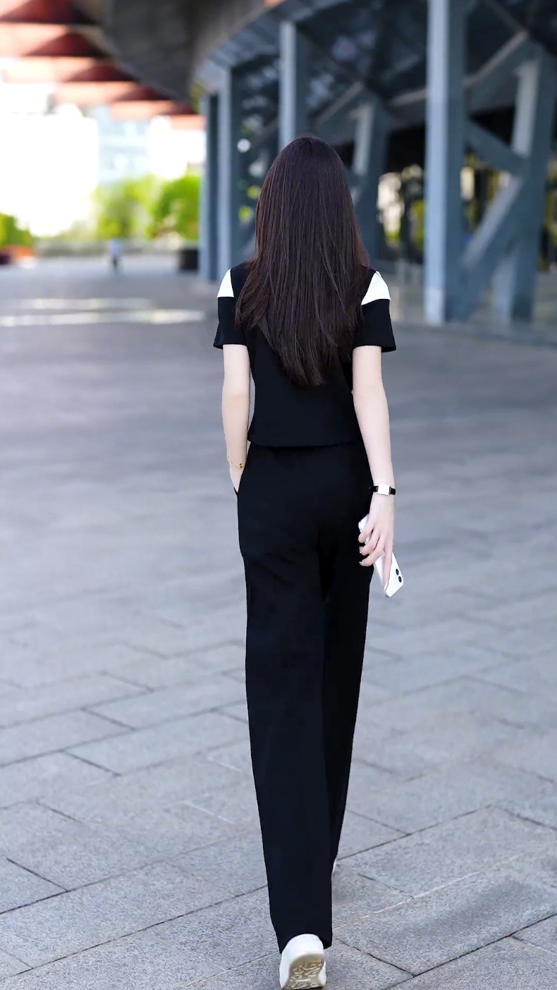 Women's Contrast Color Casual Sports Suit Short Sleeved Top And Wide Leg Pants Two Piece Set Stylish Slimming Trendy 2026_ecoleips.com