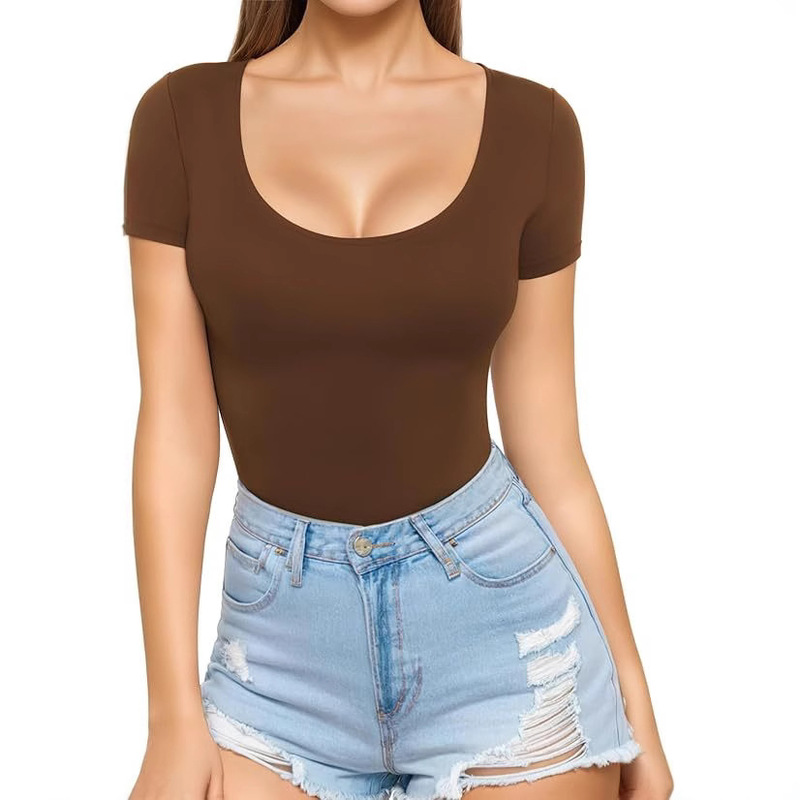 2025 Amazon Cross-border Sexy Women's Low Crewneck Short-sleeved Slim-fit T-shirt Belted Top T-shirt