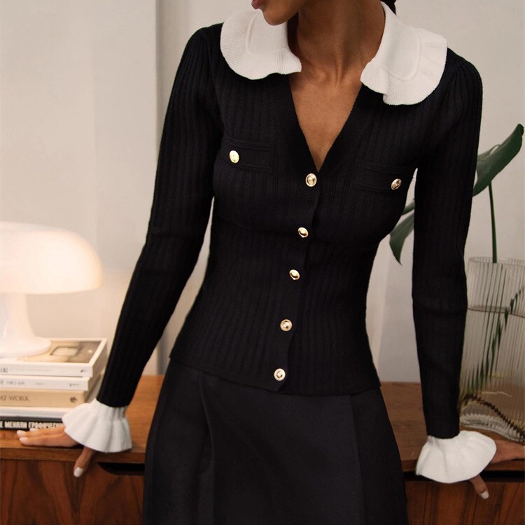 Elegant French-Style Ruffled Knitted Cardigan for Women 2025 New Style Top European and American Color-Blocking Single-Breasted Knitwear