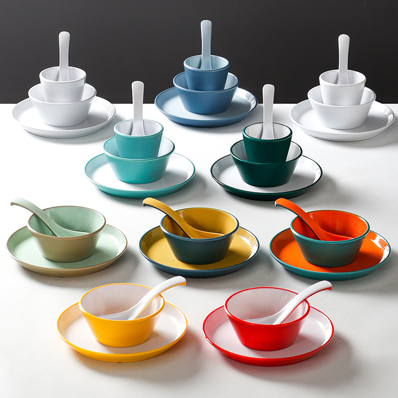 Double Color Emulation Bowl Plate Cup Set Restaurant Hotel Restaurant Hot Pot Table Setting Four Piece Tableware Melamine Commercial Shockproof