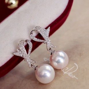 18K Gold Accessories, Beautiful Elegant, Bow Pearl Earrings, Two Wear Diamond Inlaid 28 Points, Picture 8-9 Beads, Beads Not Included