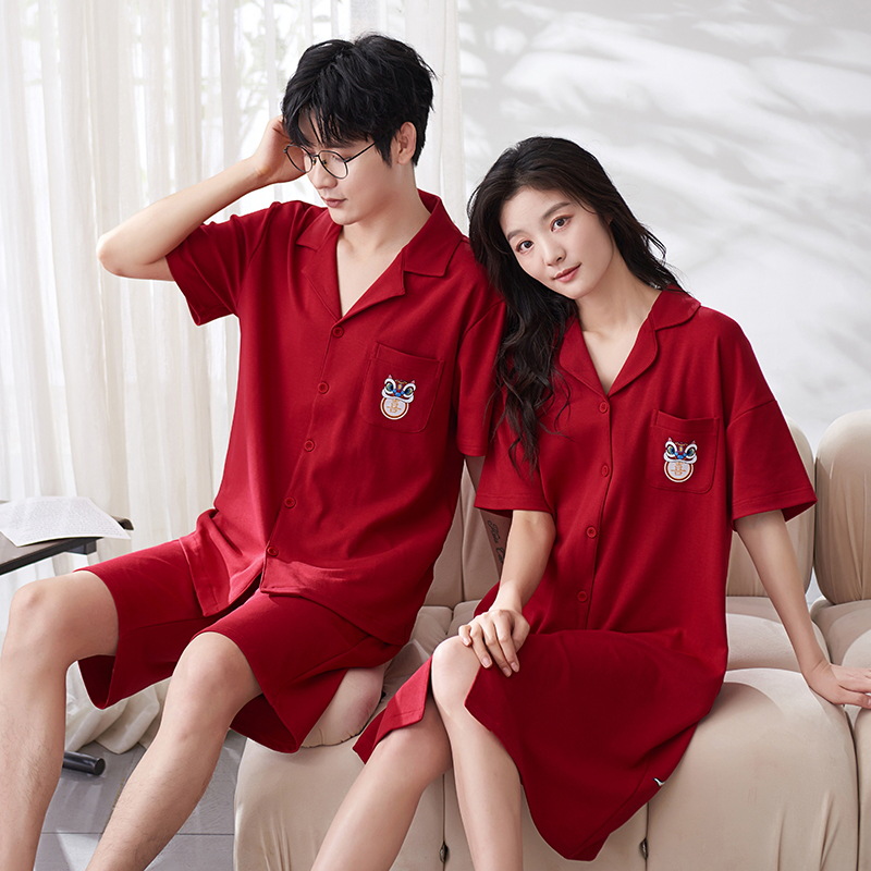 Pijamas para boda y boda traje de pareja Rojo puro algodón hombres y mujeres de manga corta verano amor pareja pijamas verano