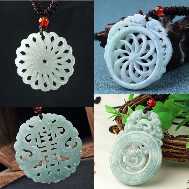 Natural jadeite A goods pendant double-sided hollow carving pendant men's and women's Yu Pei send lanyard support a generation of hair