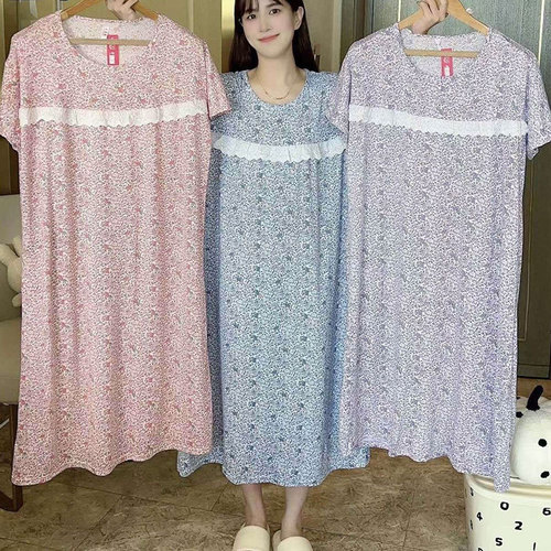 Nightgown loose women floral lace pocket sleep dress breathable cartoon print long dress high-end sleepwear